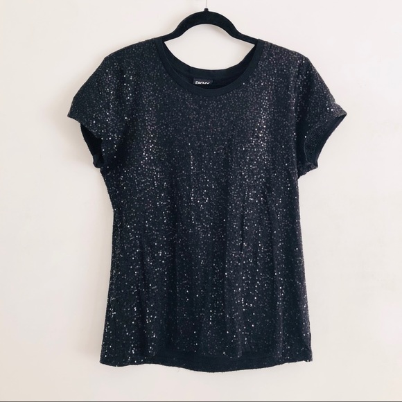 DKNY T-Shirt L Sequin Embellished Short Sleeve Black Holiday New Years Party